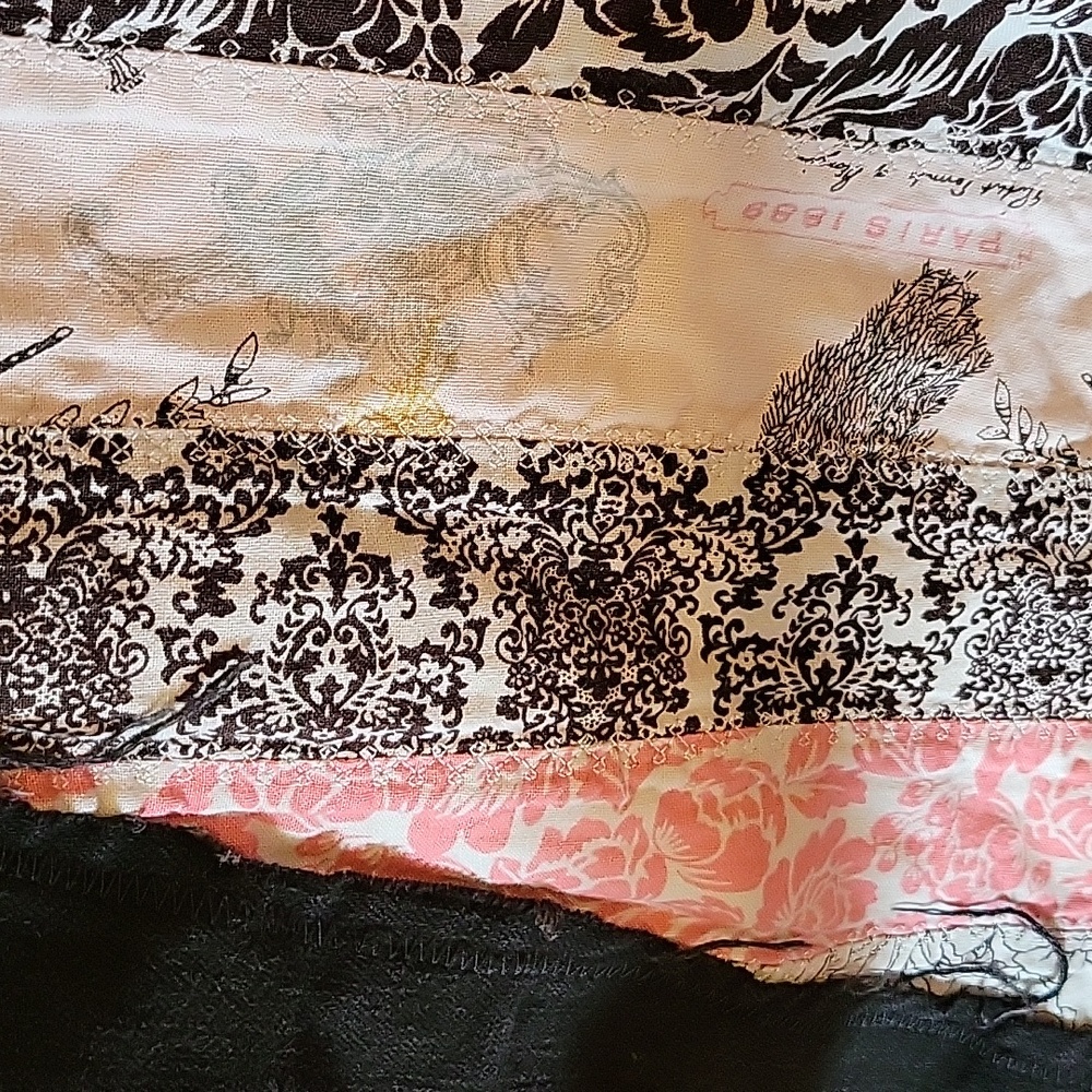 HAND CRAFTED Maxi Skirt UPCYCLED Black Denim Floral Pink Black Prints Size 12 - Picture 13 of 16